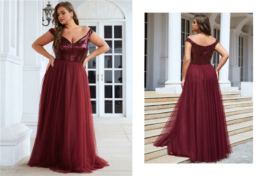 Plus Size Shiny Sequin Bodice Off the Shoulder Maxi Tulle Evening Dress