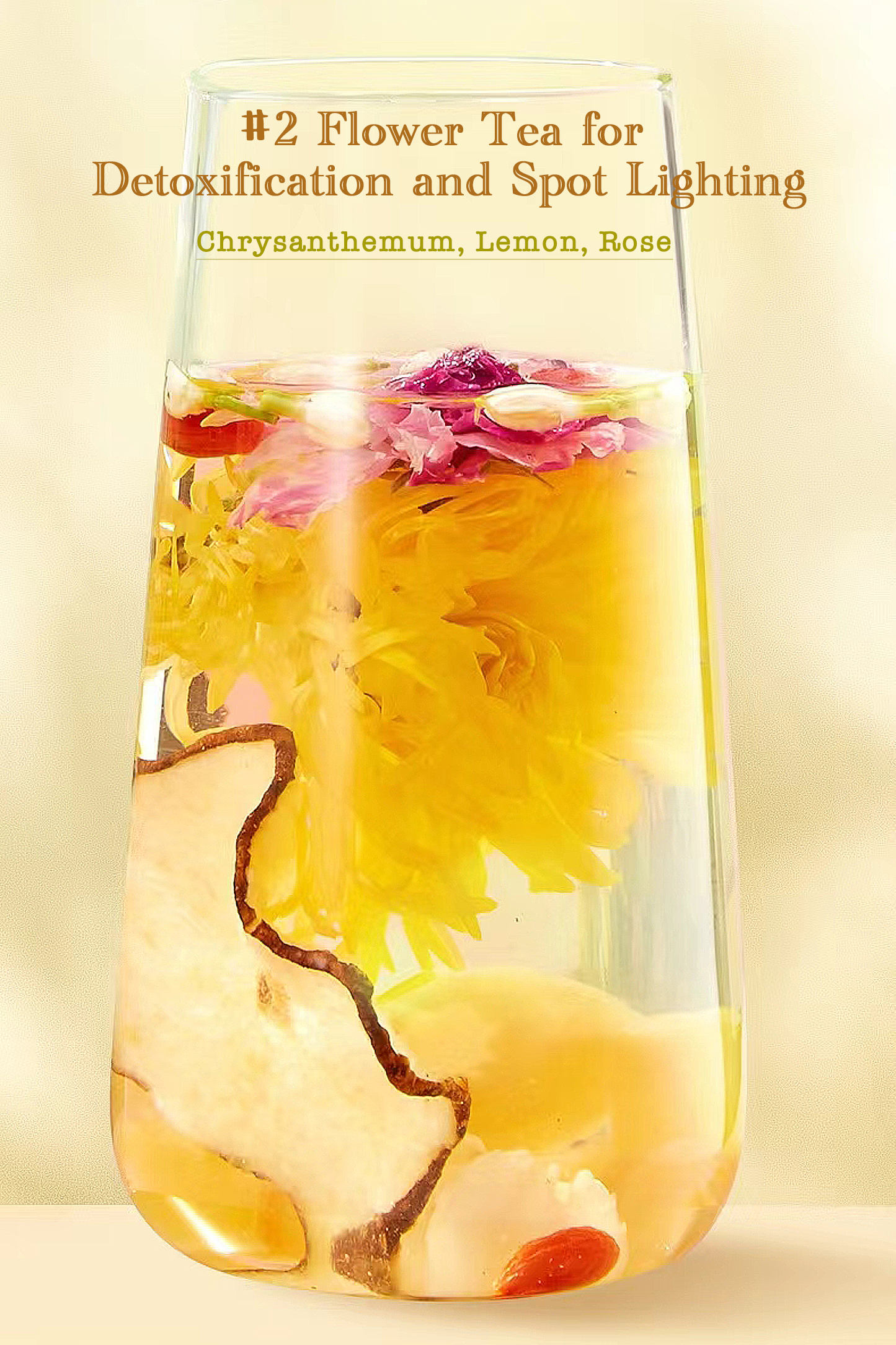 Chrysanthemum Lemon Rose flower tea in a clear glass, making flower tea for Detoxification and Spot Lighting skincare women health-preserving