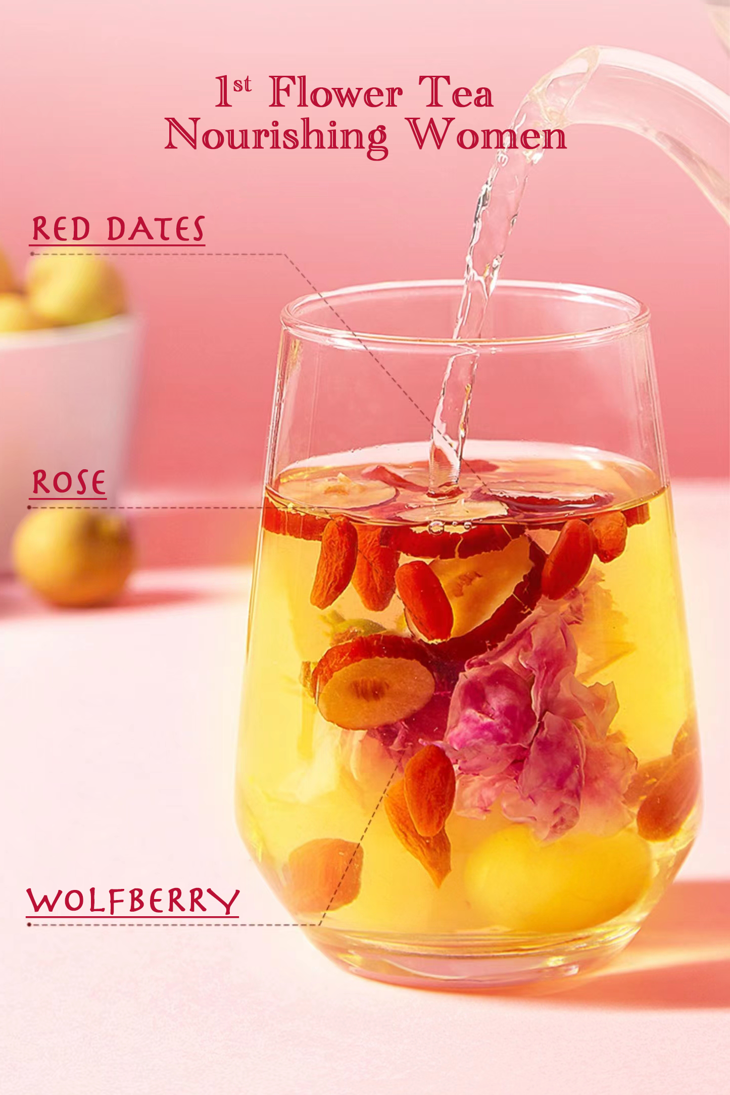 A glass teapot is pouring hot water into a glass filled with roses, dates and wolfberries,making flower tea,pink background