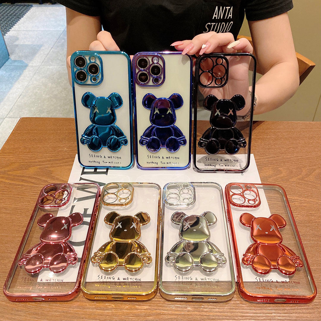 Cute Bear Plating Phone Case for iPhone Transparent Silicone Lens Protection Cover