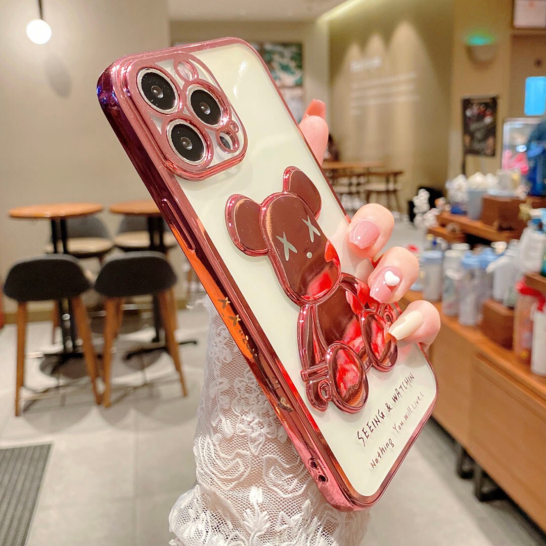 Cute Bear Plating Phone Case for iPhone Transparent Silicone Lens Protection Cover