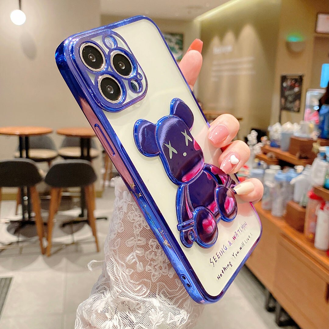 Cute Bear Plating Phone Case for iPhone Transparent Silicone Lens Protection Cover