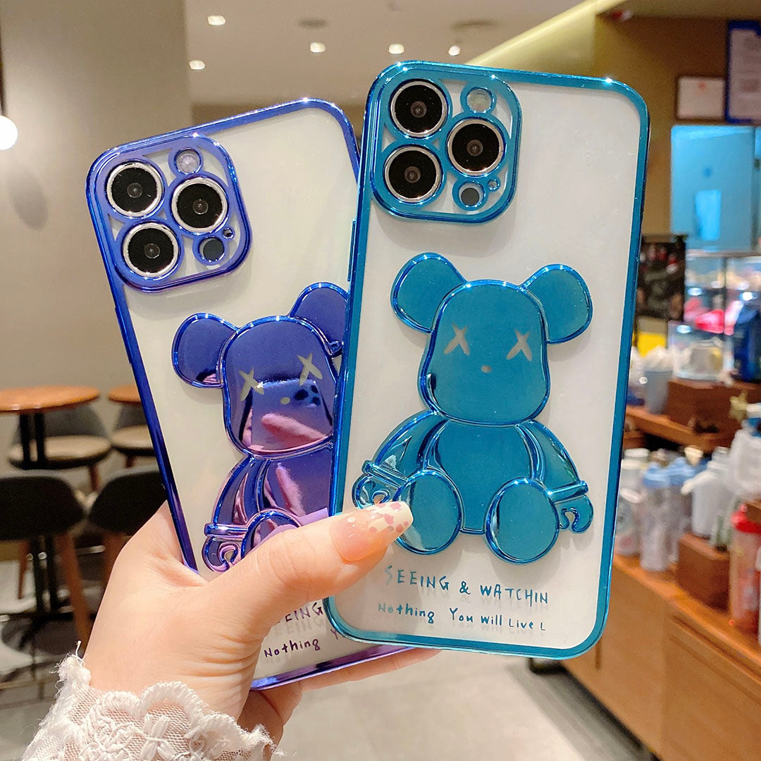 Cute Bear Plating Phone Case for iPhone Transparent Silicone Lens Protection Cover