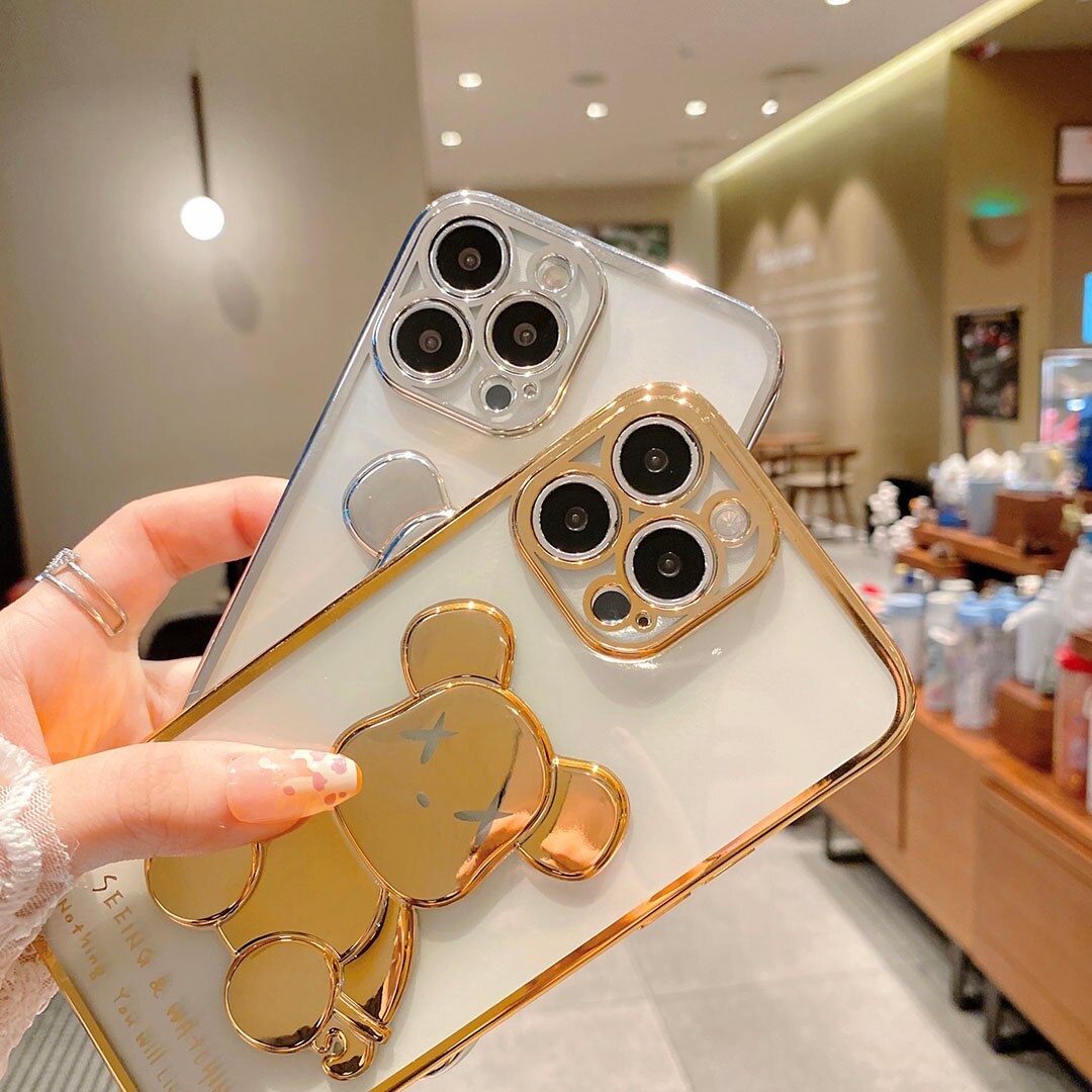 Cute Bear Plating Phone Case for iPhone Transparent Silicone Lens Protection Cover