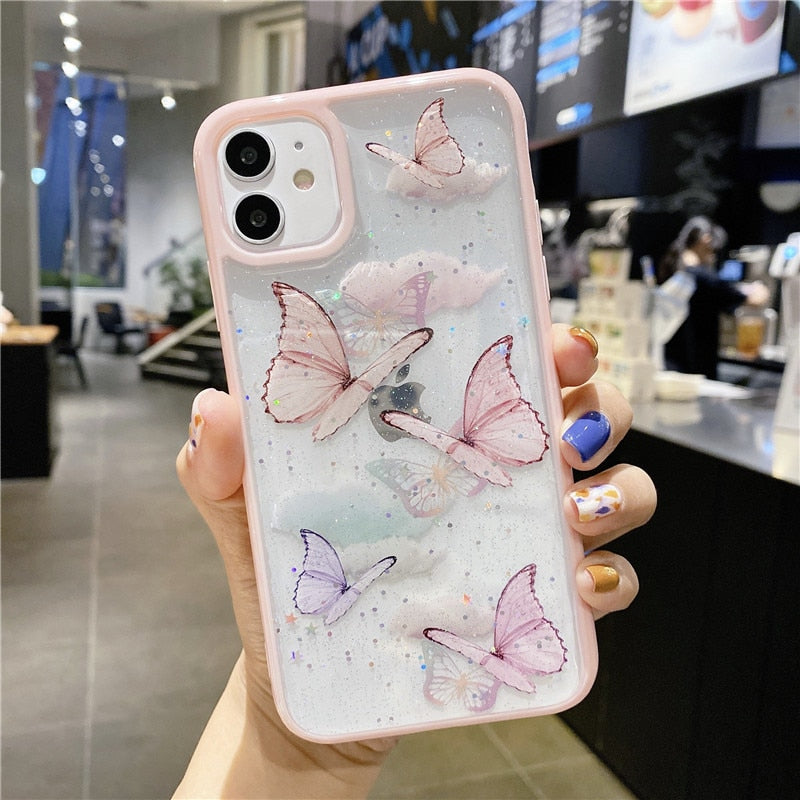 Gorgeous Clear Glitter Epoxy Butterfly Shockproof Phone Case For iPhone