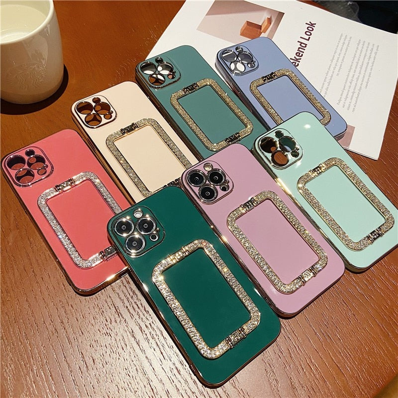 Korea 3D Crystal Square Holder Gold Plating Phone Case for Iphone