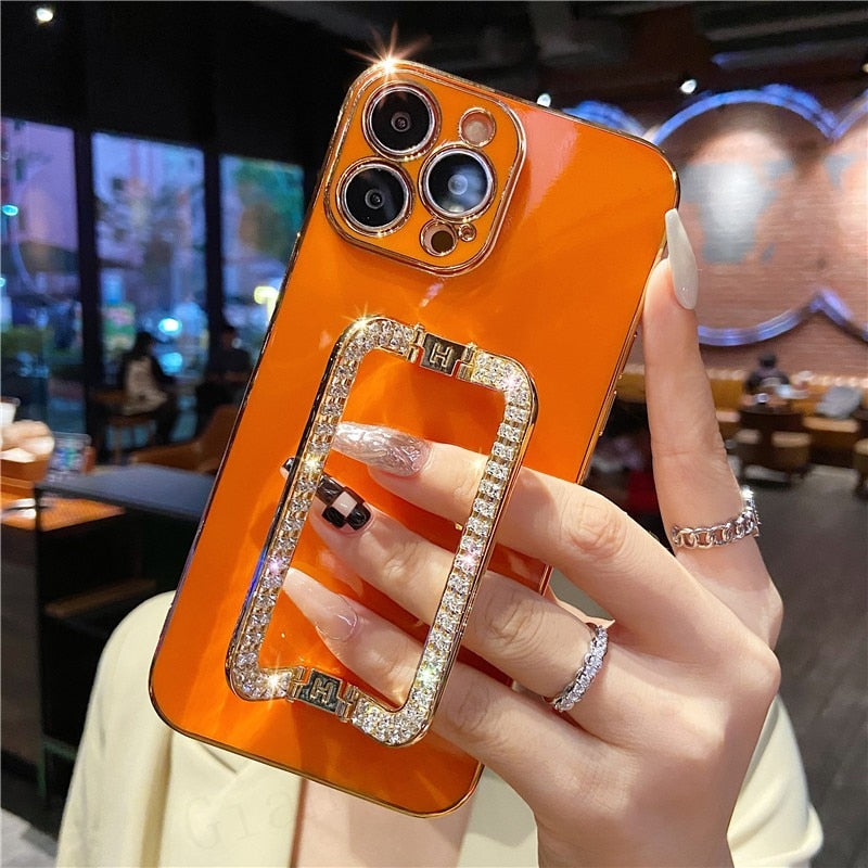 Korea 3D Crystal Square Holder Gold Plating Phone Case for Iphone