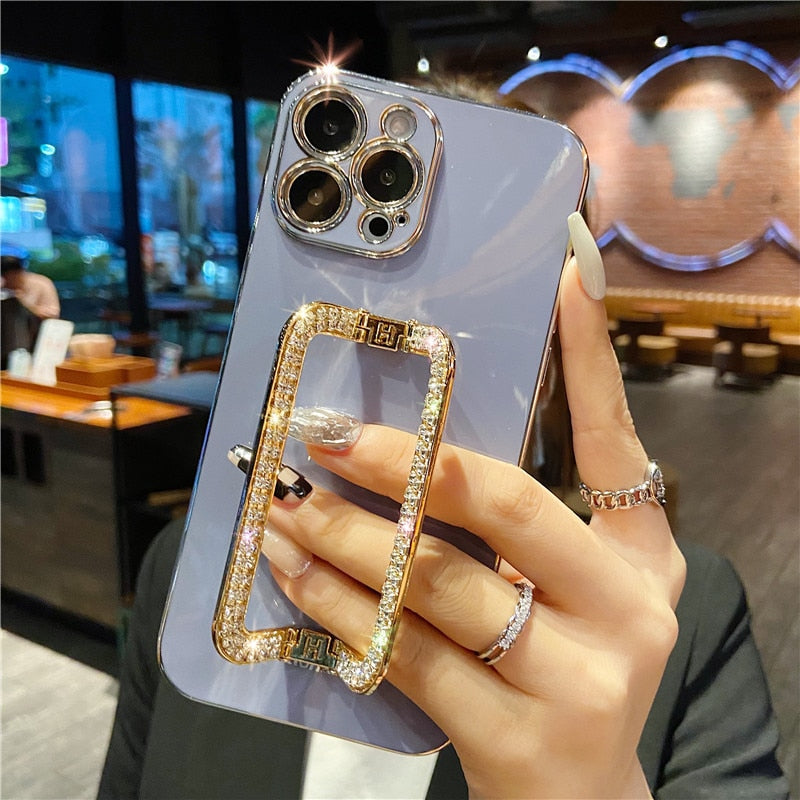 Korea 3D Crystal Square Holder Gold Plating Phone Case for Iphone