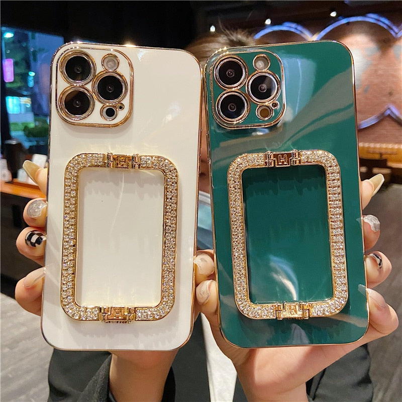 Korea 3D Crystal Square Holder Gold Plating Phone Case for Iphone
