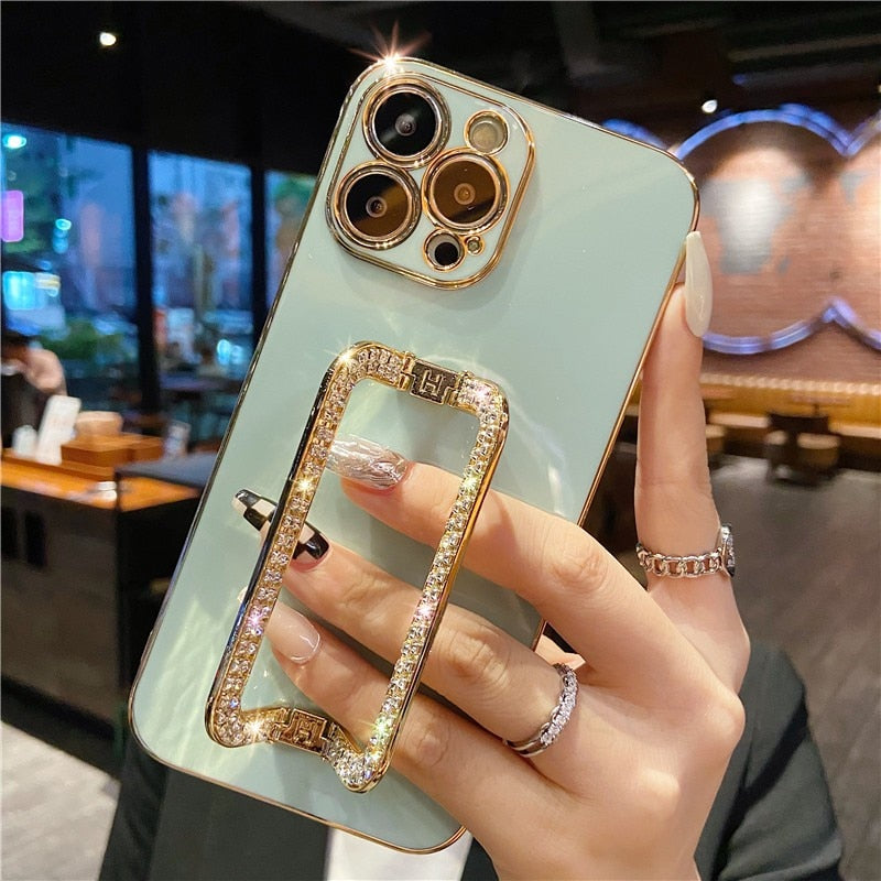 Korea 3D Crystal Square Holder Gold Plating Phone Case for Iphone