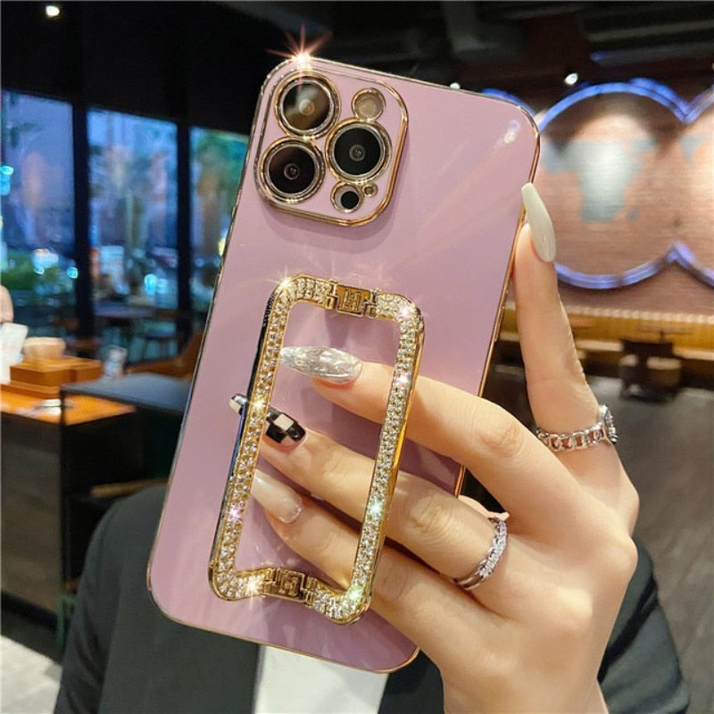 Korea 3D Crystal Square Holder Gold Plating Phone Case for Iphone