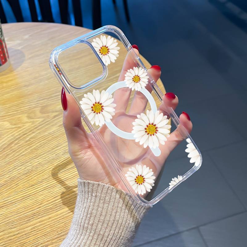 Summer Daisy Flowers Phone Case Transparent Magsafe Magnetic Magnet for IPhone