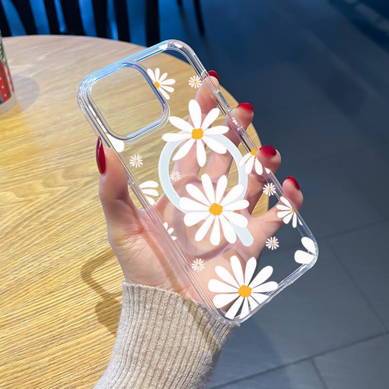 Summer Daisy Flowers Phone Case Transparent Magsafe Magnetic Magnet for IPhone