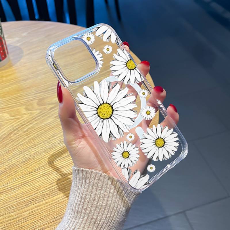 Summer Daisy Flowers Phone Case Transparent Magsafe Magnetic Magnet for IPhone