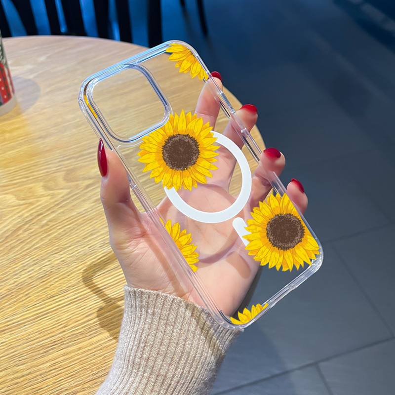 Summer Daisy Flowers Phone Case Transparent Magsafe Magnetic Magnet for IPhone