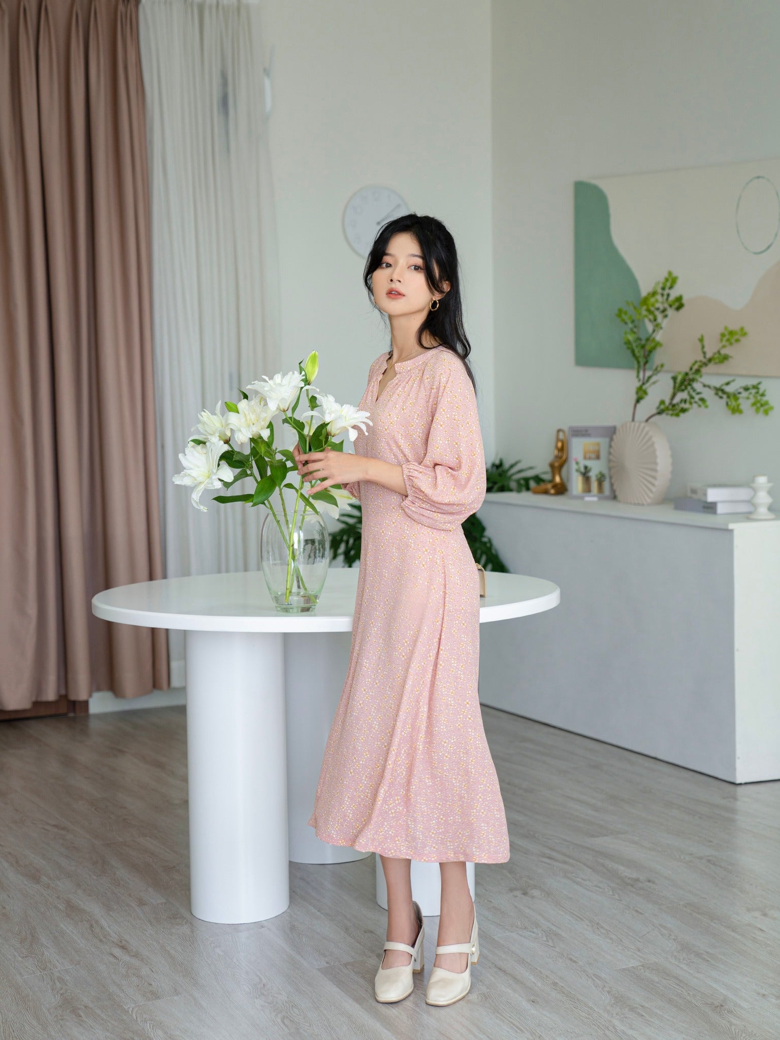 Camie Pink Marigold Pattern Midi Dress - Gu Fashion | Vietnam Fashion