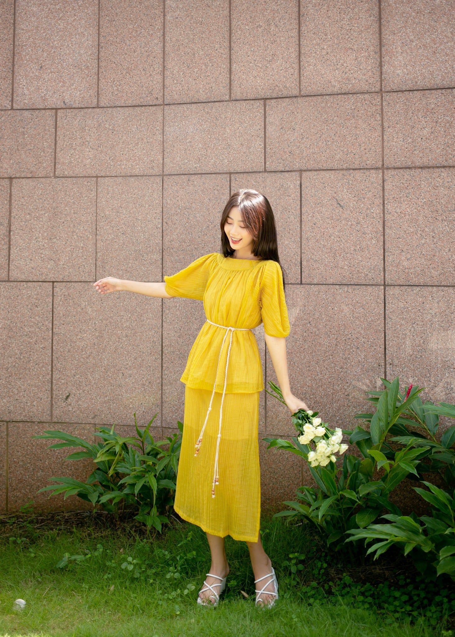Jinni Yellow Oval Neck Top and Splitted Tunic Skirt - Gu Fashion | Vietnam Fashion Store