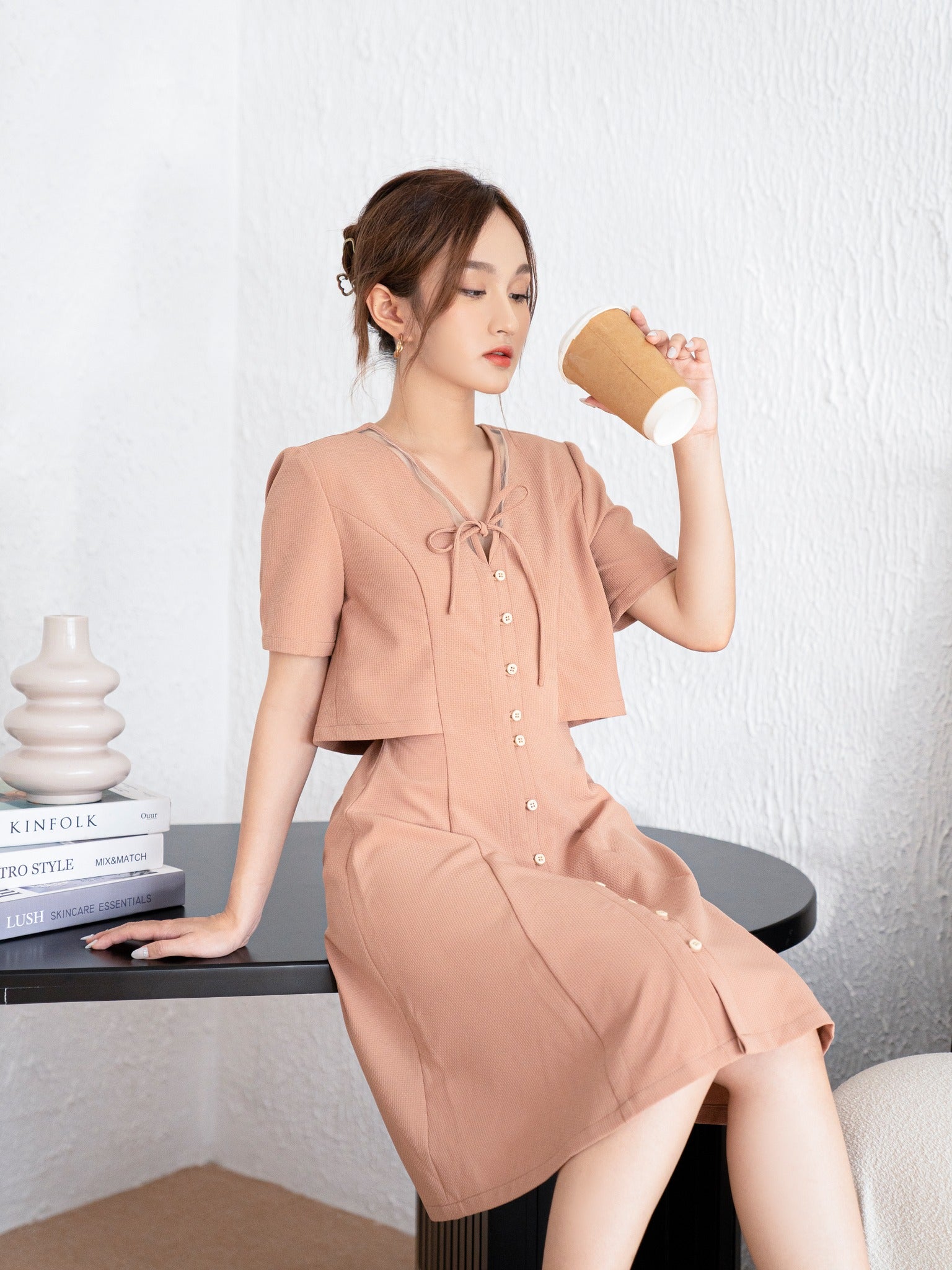 Maris Pink Buttoned A-Line Dress - Gu Fashion | Vietnam Fashion Style