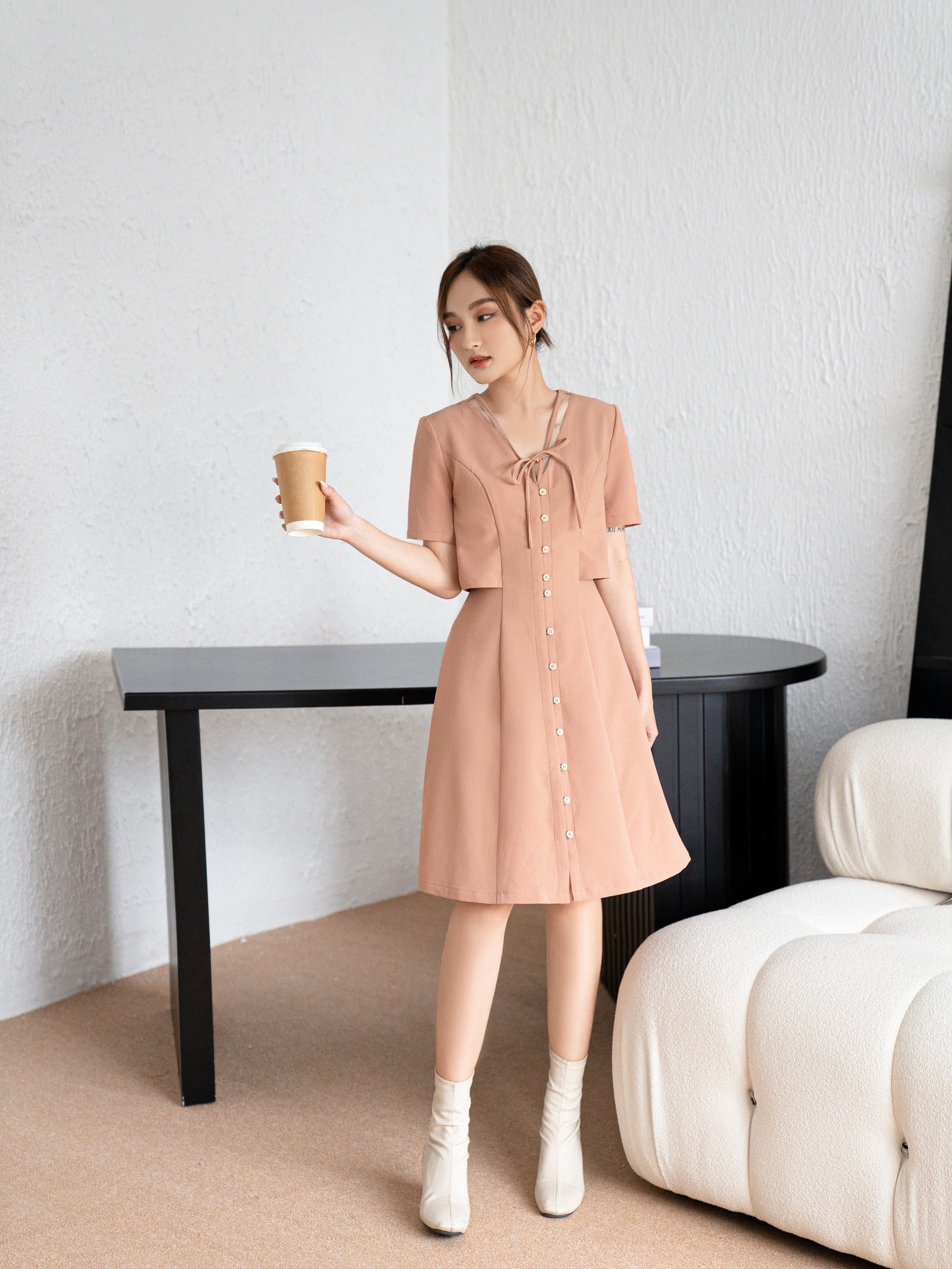 Maris Pink Buttoned A-Line Dress - Gu Fashion | Vietnam Fashion Style