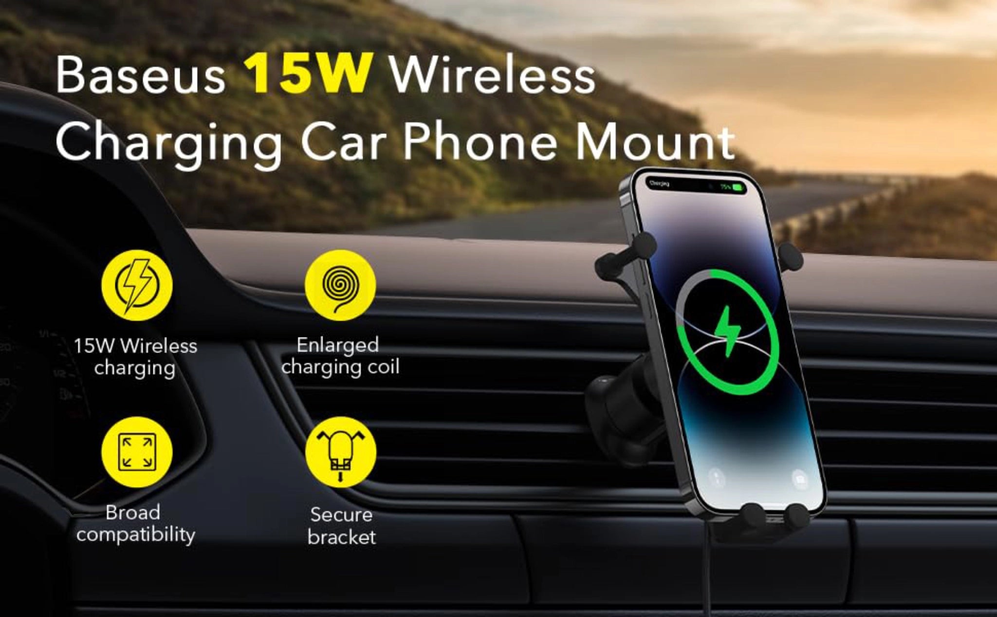 Baseus Online  Baseus Qi 15W Wireless Car Phone Charger Holder Bracket  Fast Charging Holder For iPhone 13 12 Samsung S21 Mobile Phone Black