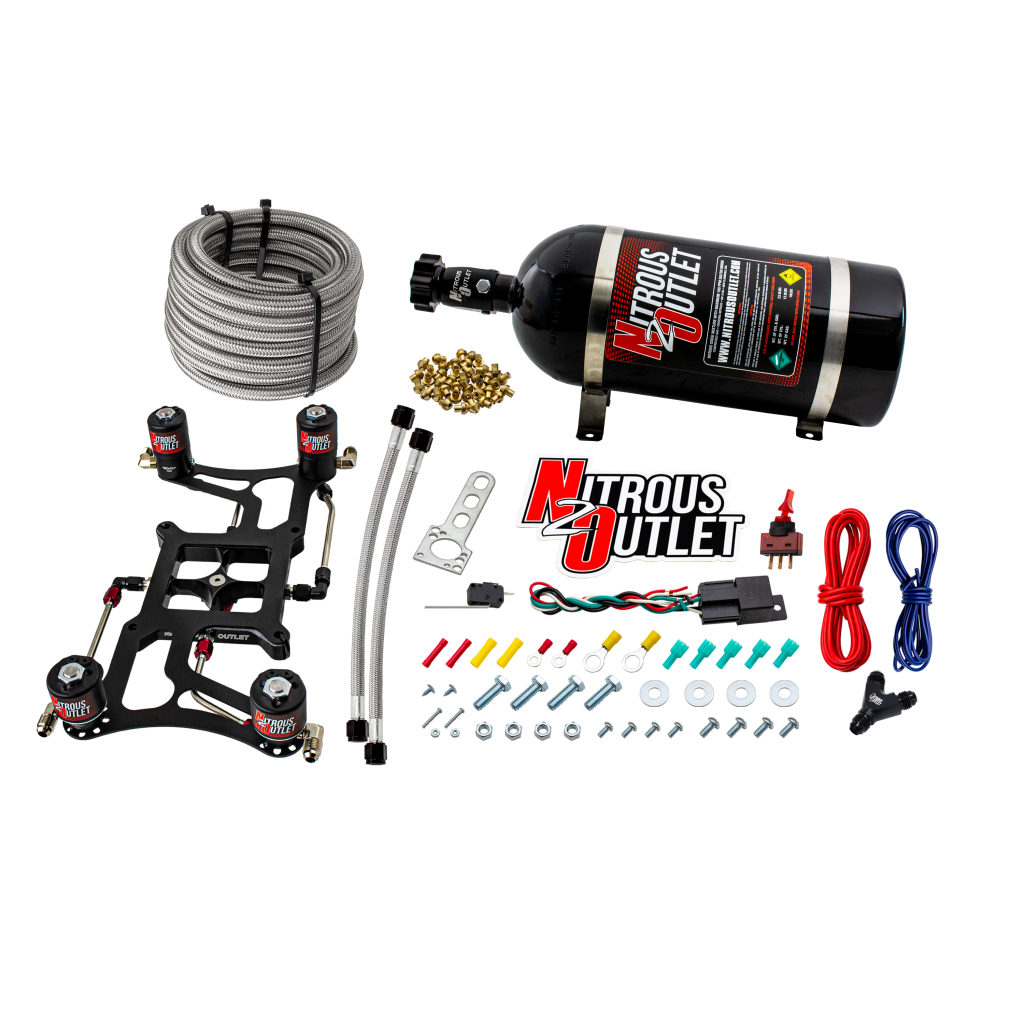 4150 Hornet 2 Race Dual Stage System Hard-line Two .178 Trashcan Nitrous Solenoids Two .310 Fuel Solenoids Four Solenoid Boomerang Bracket Gas E85 5-55 PSI 50-600 HP Per Stage 10lb Bottle Nitrous Outlet - Nitrous Outlet - 00-10628-10
