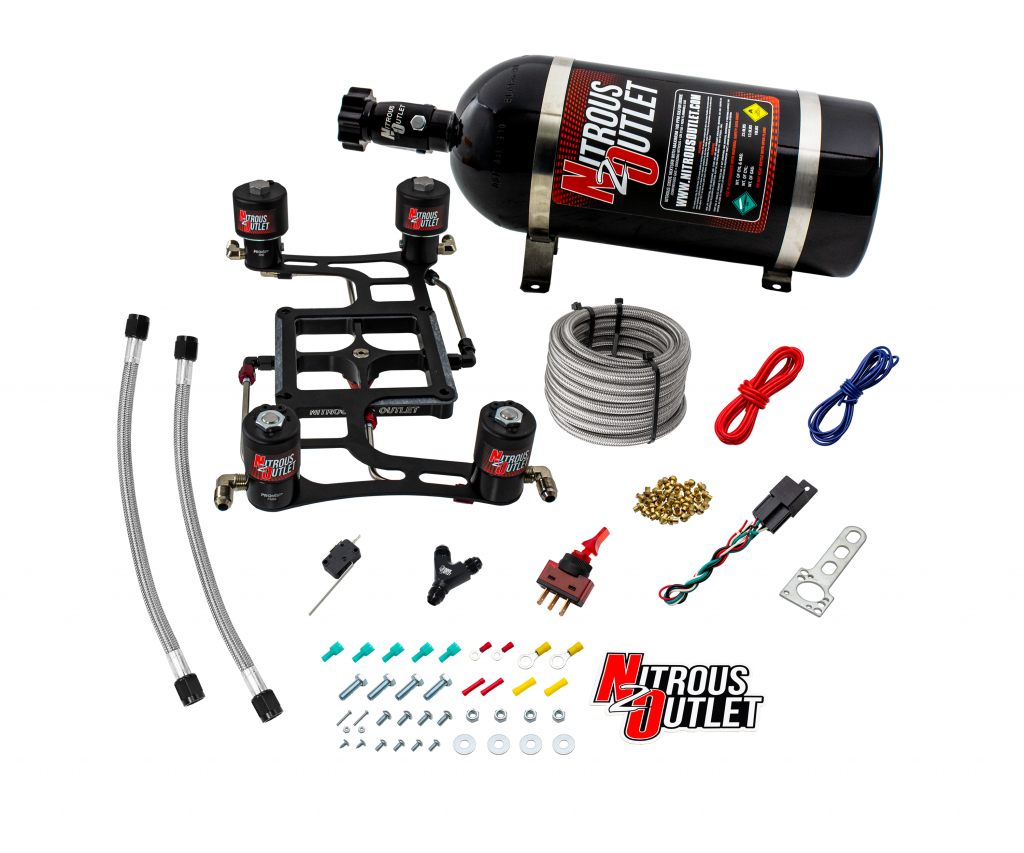 4500 Hornet 2 Race Dual Stage System Hard-line Two .178 Trashcan Nitrous Solenoids Two .310 Fuel Solenoids Four Solenoid Boomerang Bracket Gas E85 5-55 PSI 50-600 HP Per Stage 10lb Bottle Nitrous Outlet - Nitrous Outlet - 00-10640-10