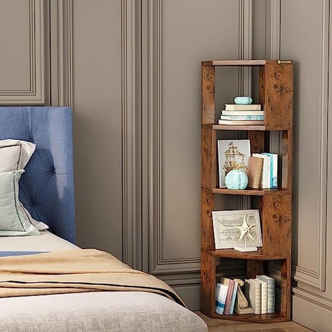 4 Tier Wooden Bookcase Corner Tall Book Shelf Modern Storage Display Rack rustic style