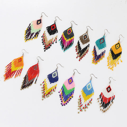 Long Beaded Tassel Earrings - Stripe Bohemian Fringe Dangle Earrings