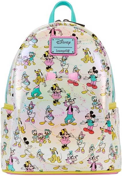 LOUNGEFLY Disney100 Mickey and Friends All Over Print Iridescent With Ear Headband Double Strap Shoulder Bag