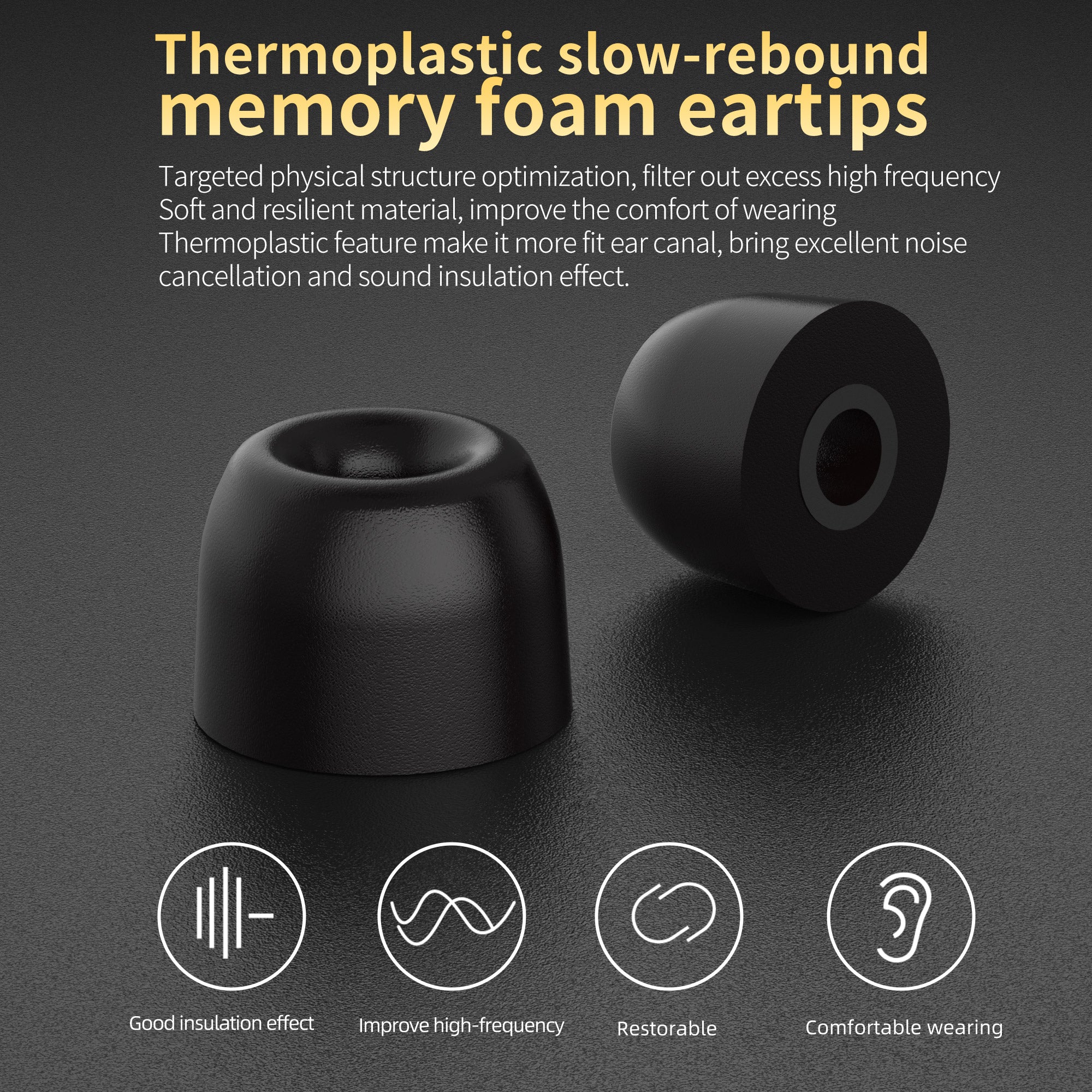 The slow rebound memory foam ear tips effectively block external sound and provide a soft and comfortable fit that conforms to the ear canal. They are designed with ergonomic considerations in mind and are accompanied by three sizes of silicone ear tips (S, M, L) to accommodate different ear shapes.