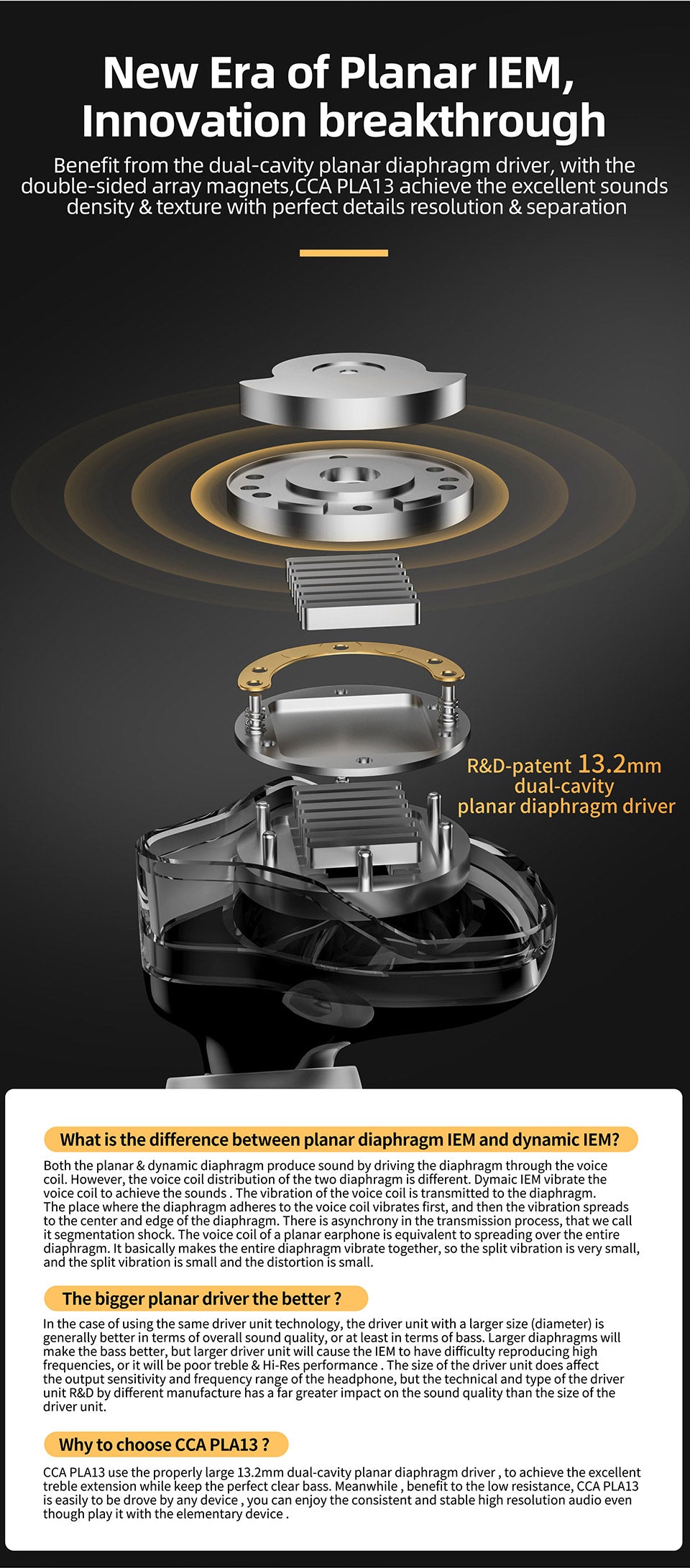 Both the planar & dynamic diaphragm produce sound by driving the diaphragm through the voice coil. However, the voice coil distribution of the two diaphragm is different. Dymaic IEM vibrate the voice coil to achieve the sounds . The vibration of the voice coil is transmitted to the diaphragm. The place where the diaphragm adheres to the voice coil vibrates first, and then the vibration spreads to the center and edge of the diaphragm. There is asynchrony in the transmission process, that we call it segmentation shock. The voice coil of a planar earphone is equivalent to spreading over the entire diaphragm. It basically makes the entire diaphragm vibrate together, so the split vibration is very small, and the split vibration is small and the distortion is small.