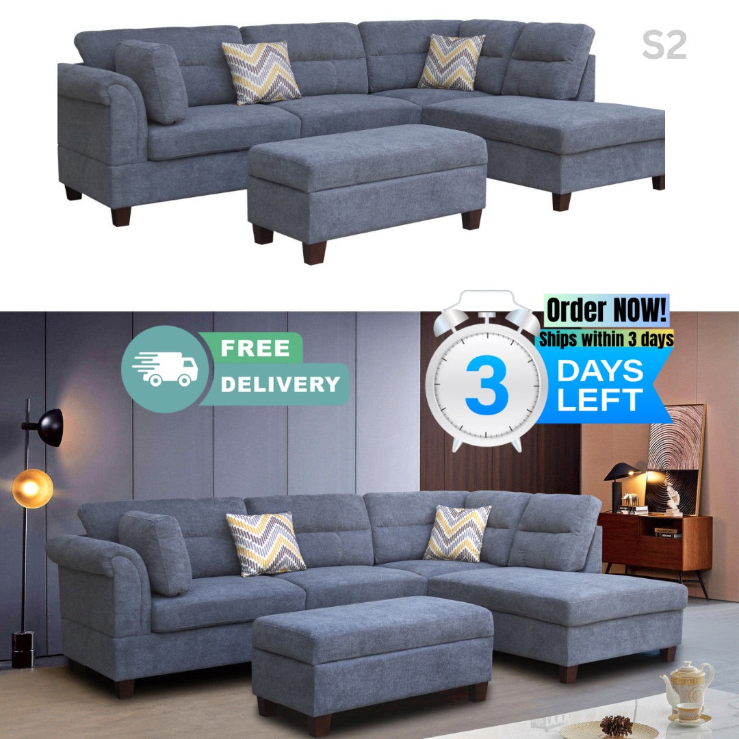 S2- Diego Gray Fabric Sectional Sofa with Right Facing Chaise, Storage Ottoman, and 2 Accent Pillows