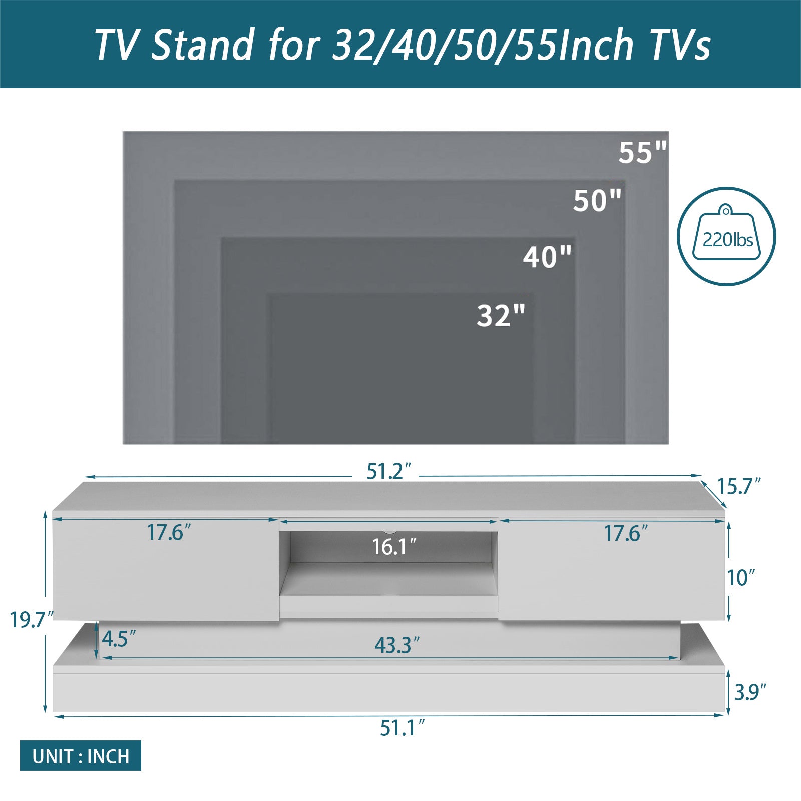 TV18-51.18inch WHITE morden TV Stand with LED Lights,high glossy front TV Cabinet,can be assembled in Lounge Room, Living Room or Bedroom,color:WHITE