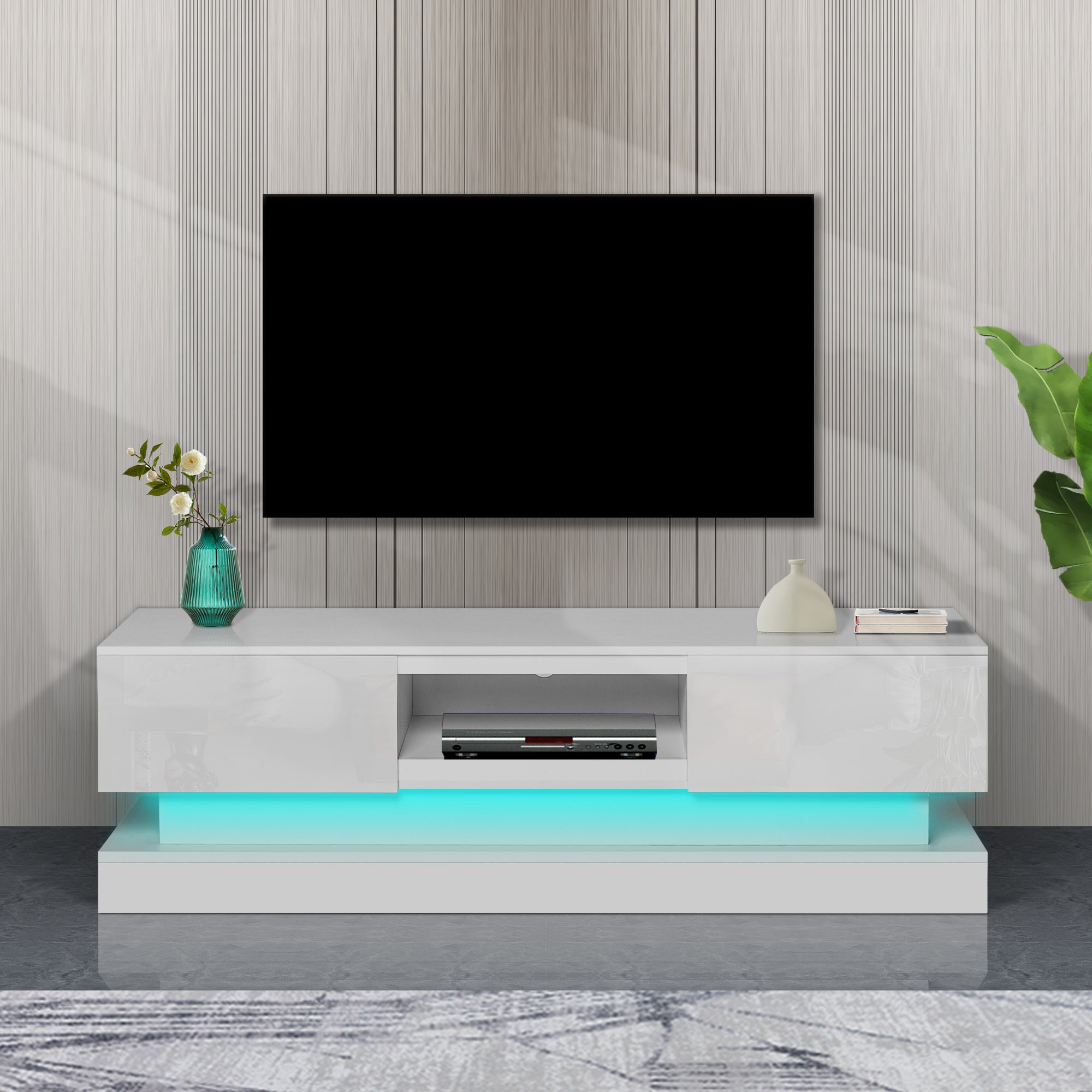 TV18-51.18inch WHITE morden TV Stand with LED Lights,high glossy front TV Cabinet,can be assembled in Lounge Room, Living Room or Bedroom,color:WHITE