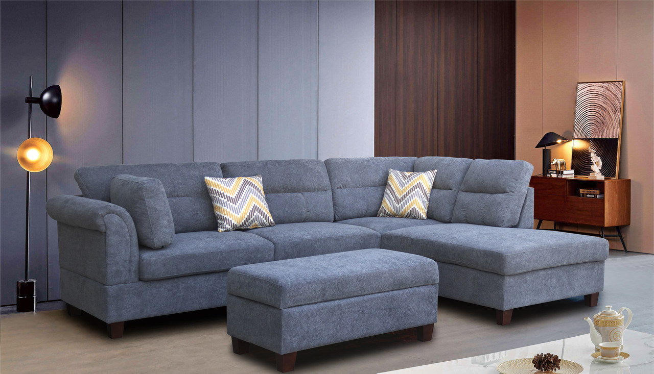 S2- Diego Gray Fabric Sectional Sofa with Right Facing Chaise, Storage Ottoman, and 2 Accent Pillows