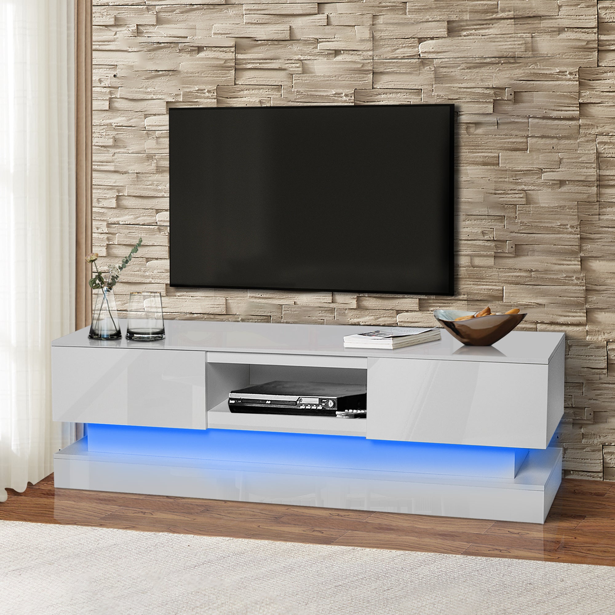 TV18-51.18inch WHITE morden TV Stand with LED Lights,high glossy front TV Cabinet,can be assembled in Lounge Room, Living Room or Bedroom,color:WHITE