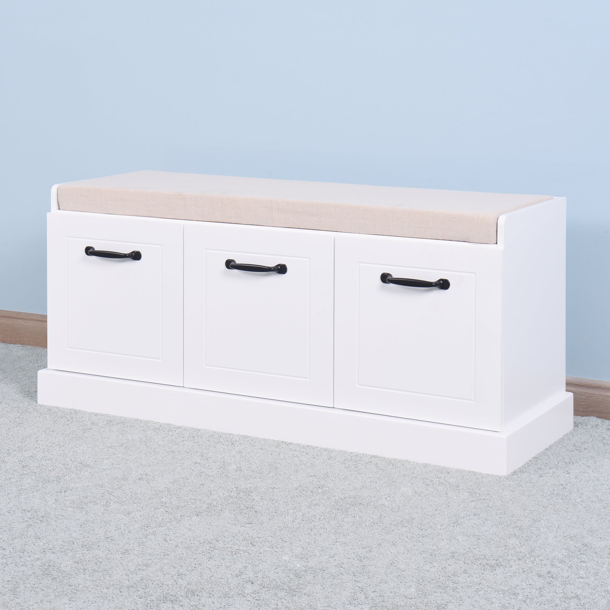 PK5- Wooden Entryway Shoe Cabinet Living Room Storage Bench with White Cushion