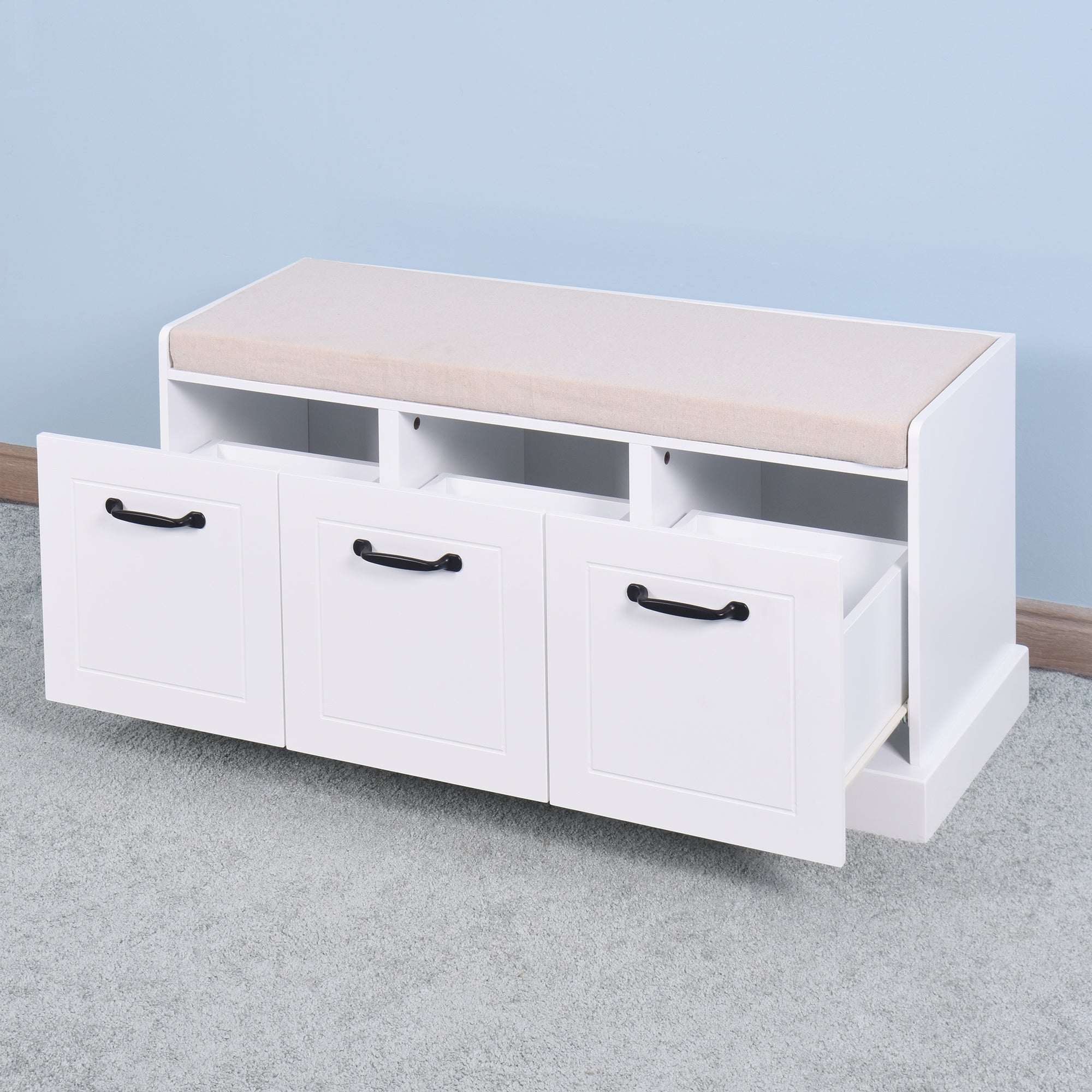 PK5- Wooden Entryway Shoe Cabinet Living Room Storage Bench with White Cushion