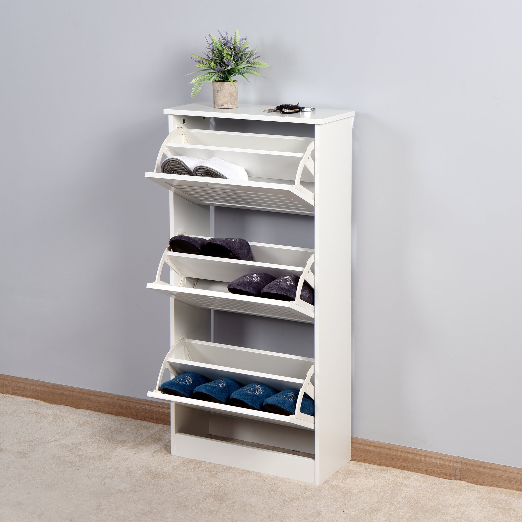 PQ3- Wooden Shoe Cabinet for Entryway;  White Shoe Storage Cabinet with 3 Flip Doors 20.94x9.45x43.11 inch