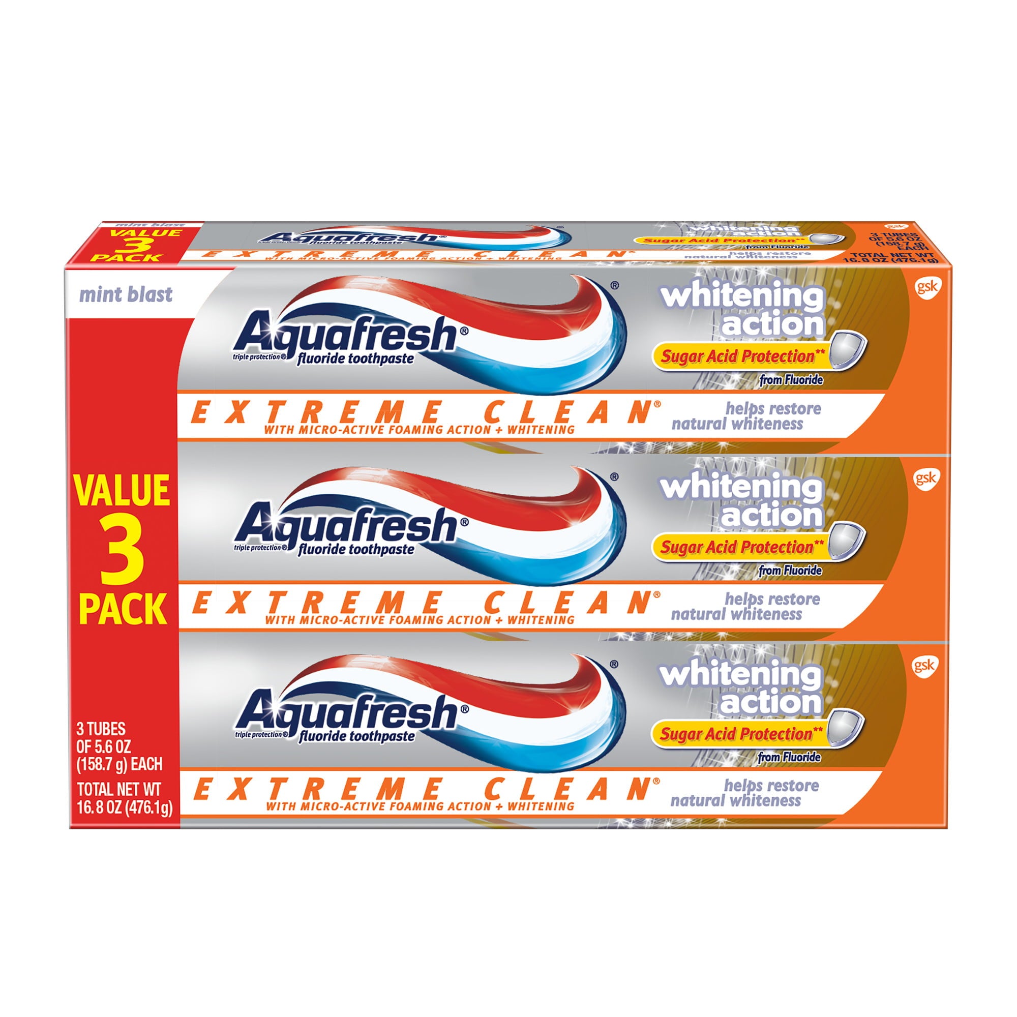 Aquafresh Extreme Clean Whitening Action Fluoride Toothpaste, 5.6 Oz, 3 Pack