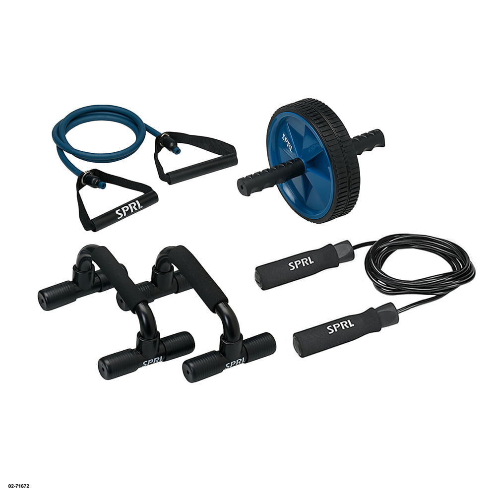 Home Gym Essentials Kit, Includes Jump Rope, Push-up Bars, Ab Wheel & Medium Resistance Tube