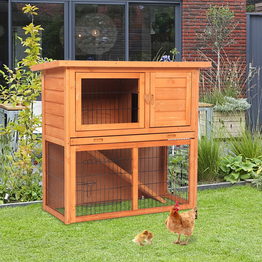 Waterproof 2 Tiers Pet Rabbit Hutch Chicken Coop Cage Hen House Wood Color Living House