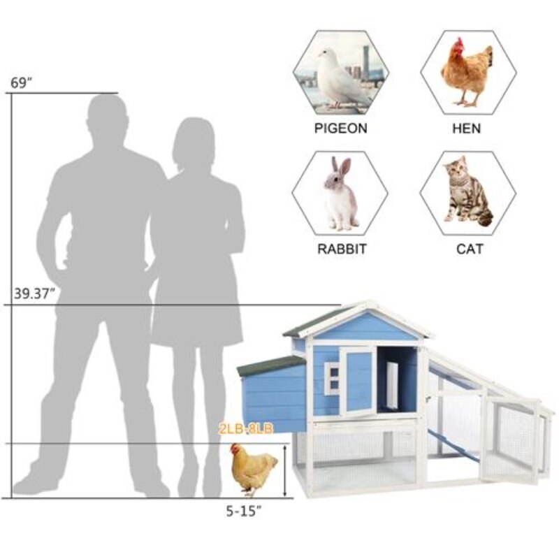 69 Inch Fir Wood Chicken Hutch Hen Coop Habitat Pigeon House with Egg Case & Tray & Running Cage Blue[US-Stock]