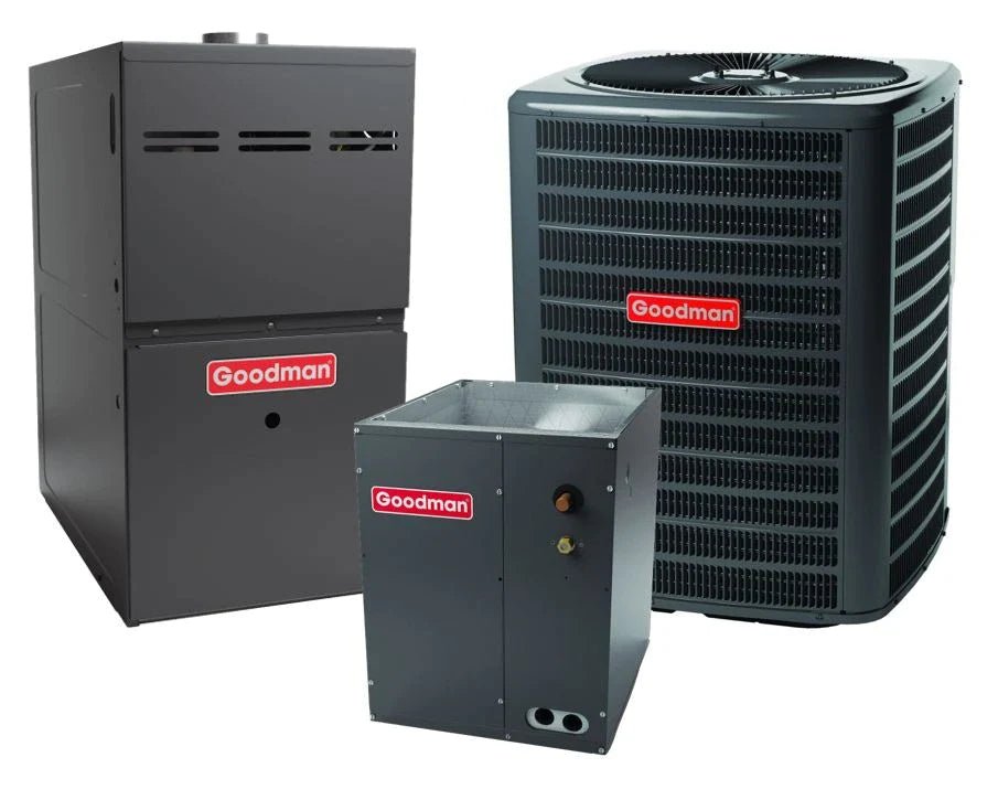 Goodman 1.5 TON 15.2 SEER2 Upflow AC system with 80% AFUE 80k BTU Ultra-Low NOx Furnace (GSXH501810, CAPTA2422C4, GMVS800805CU)
