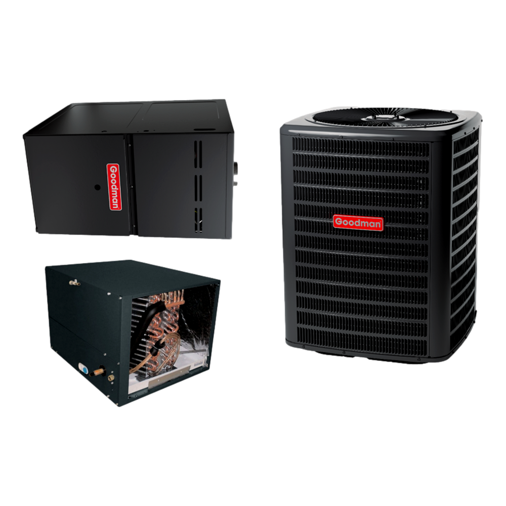 Goodman 2 TON 15 SEER2 Horizontal AC system with 80% AFUE 60k BTU 2 stage Low NOx Furnace (GSXN402410, CHPTA3026B4, GMVC800604BX)