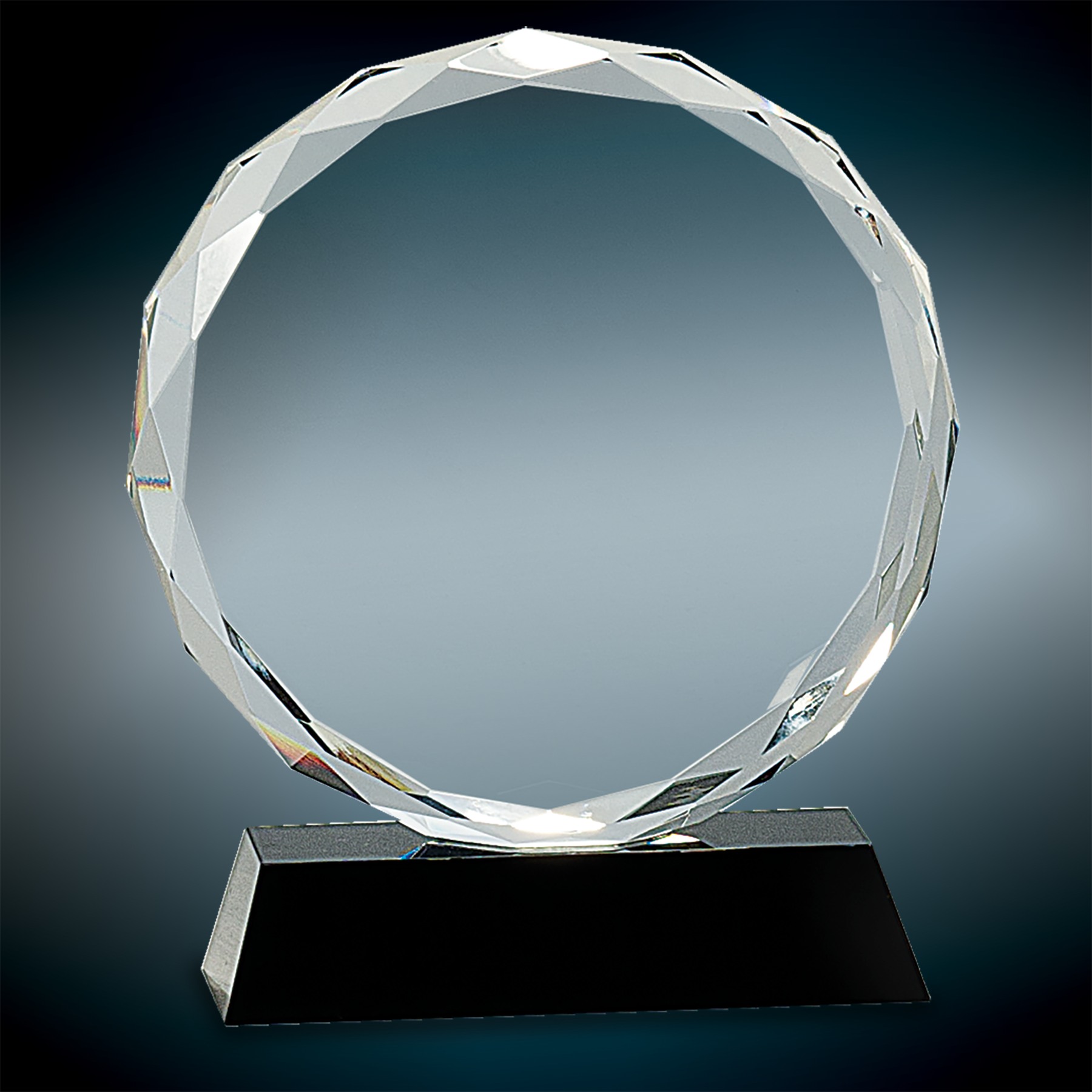 Round Facet Crystal Awards on Black Pedestal