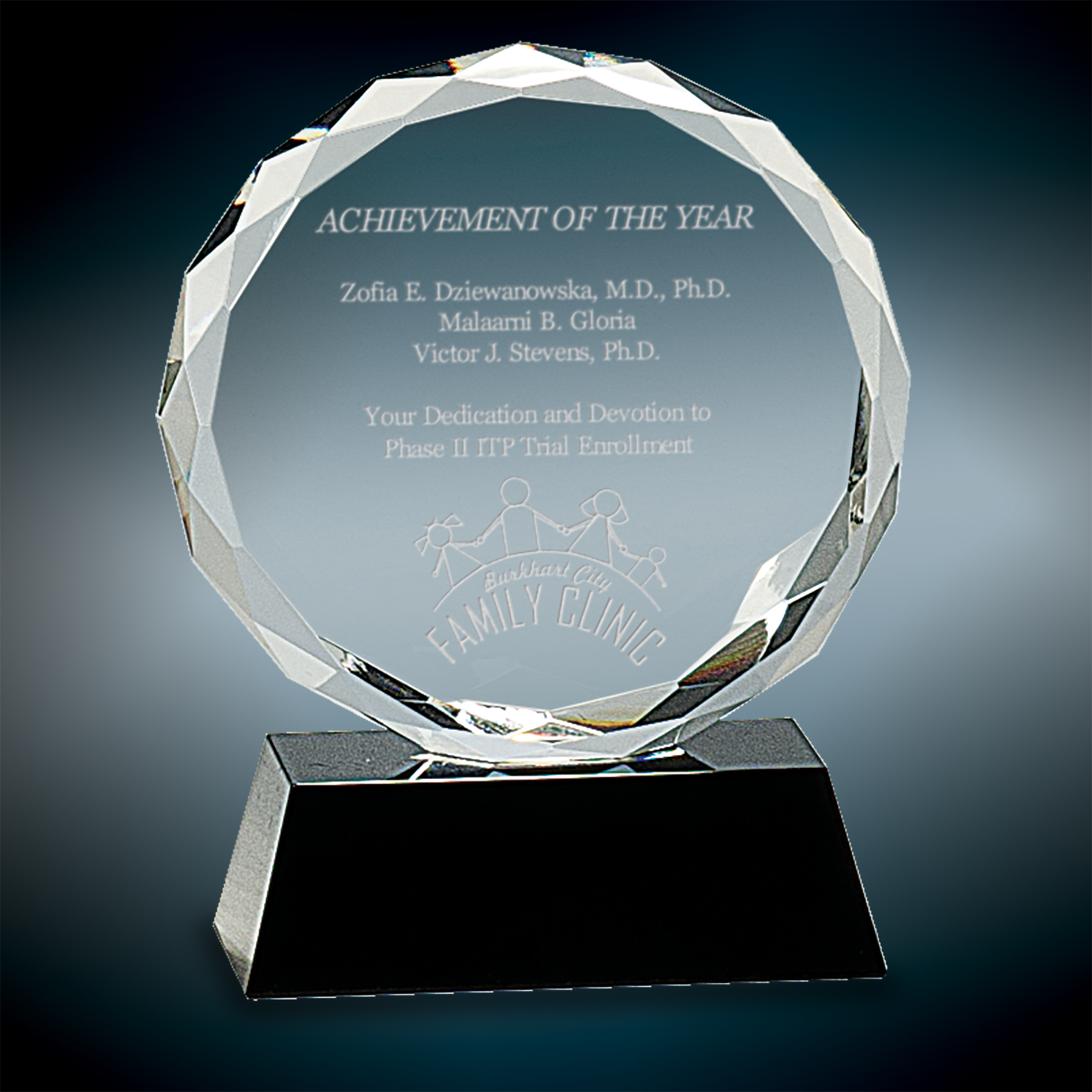 Round Facet Crystal Awards on Black Pedestal