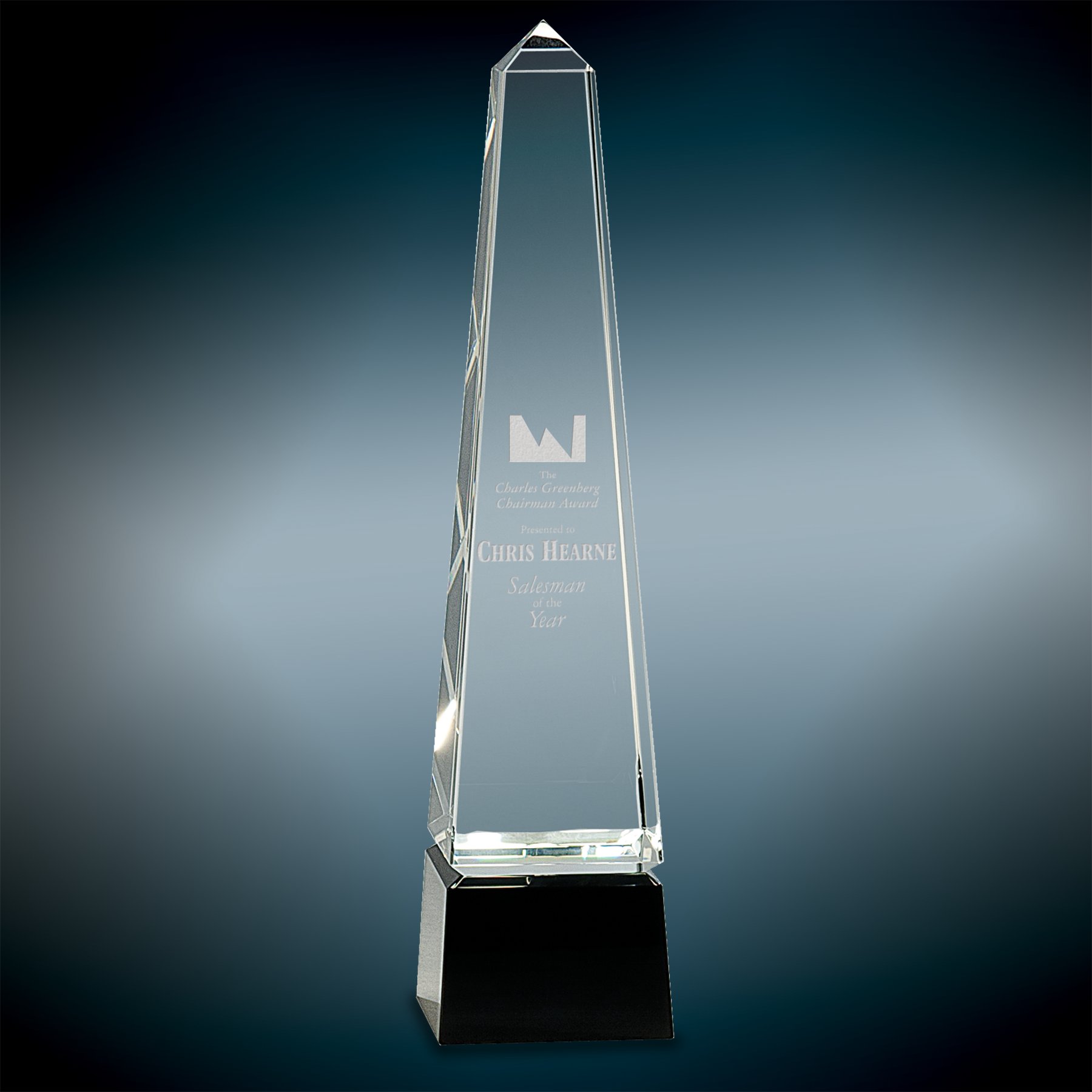Obelisk Crystal Awards on Black Pedestal