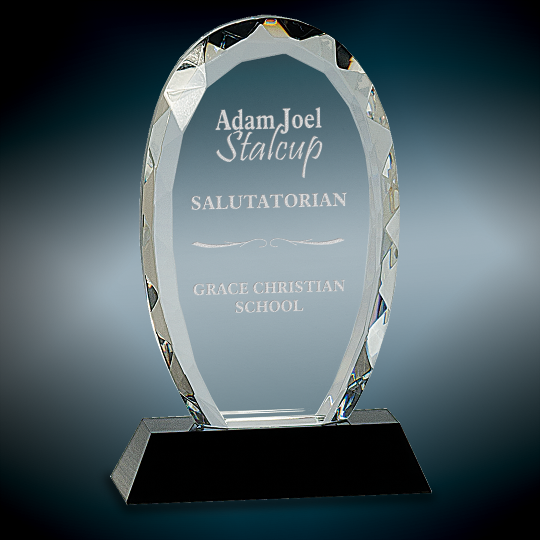 Oval Facet Crystal Awards on Black Pedestal