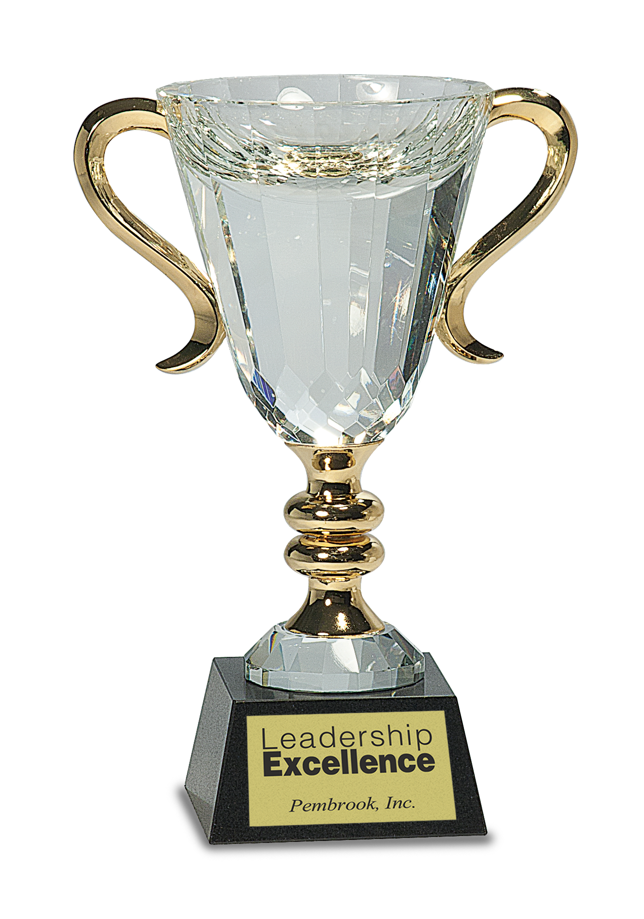 Crystal Trophy Cup Awards with Gold Metal Handles on Black Marble Pedestal